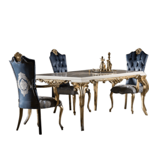 Roulette Antique dining table with marble top, golden frame, and velvet chairs, crafted by Oak Wood Craft BD, Bangladesh