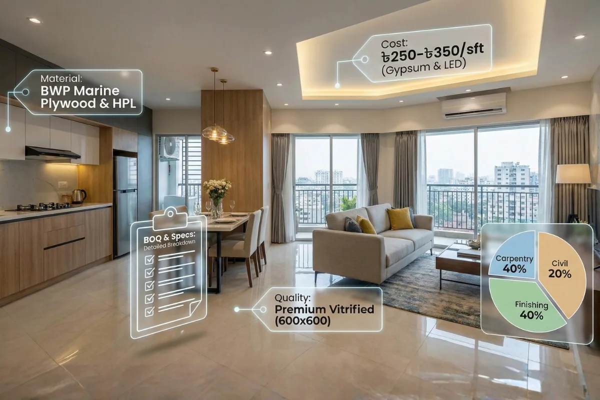 Full Interior design cost in dhaka showcasing placement and costs of materials.