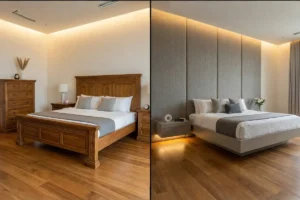 floating bed vs solid wood bed design for bedroom interior