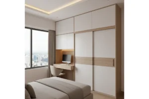 Compact bedroom design featuring a full-height sliding door wardrobe and a built-in floating study desk.