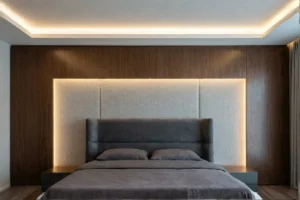 60%-40% mixing vaneer and fabric ratio for luxury bedroom interior design