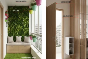 Small apartment balcony designed with vertical garden planters and a compact seating bench.