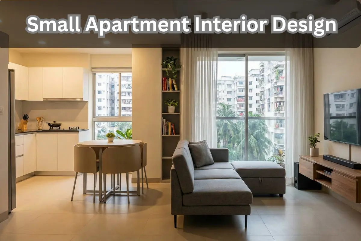 Modern small apartment living room in Dhaka featuring space-saving furniture, a floating TV unit, and a compact dining area with a view of the city