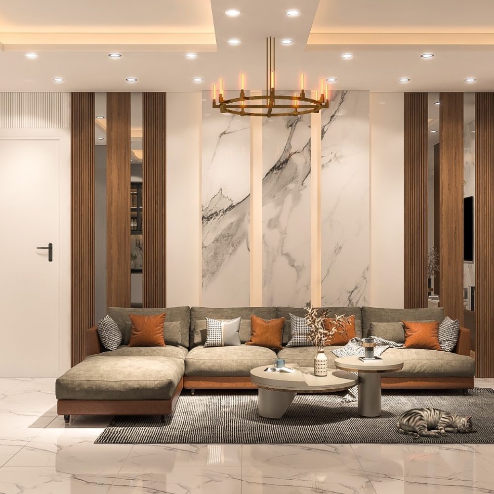 Modern living room with marble walls and stylish furniture by Oak Wood Craft BD, Dhaka, Bangladesh.