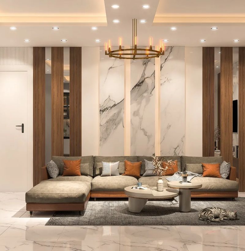 Modern living room with marble walls and stylish furniture by Oak Wood Craft BD, Dhaka, Bangladesh.