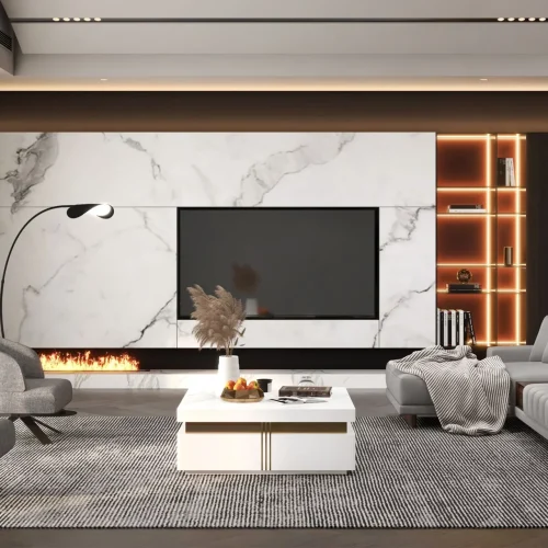 Elegant Living Room with Marble TV Wall and Modern Furniture Modern living room interior design with gray sofa, marble TV wall, and stylish furniture, designed by Oak Wood Craft BD, Bangladesh.