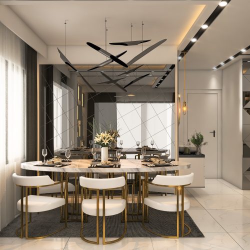 Elegant Dining Room Interior Design with Modern Gold Accents | Oak Wood Craft BD Modern dining room with gold accents and stylish design by Oak Wood Craft BD, Dhaka, Bangladesh.