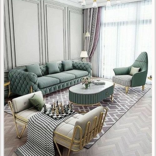 Green Tufted Sofa with Gold Accents and Coffee Table by Oak Wood Craft BD Elegant green tufted sofa with gold accents and a stylish coffee table, designed by Oak Wood Craft BD in Bangladesh